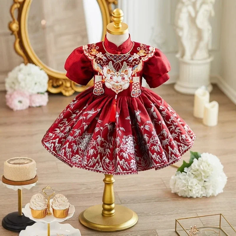 

2025 Chinese Style Red Dress Baby Girl 1st Birthday Tang Zhuazhou Princess Gown First Year Party Celebration Baptism