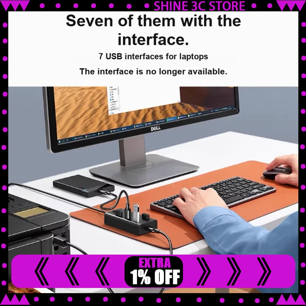 UGREEN CR130 30372 USB 2.0 Hub 7 Port Powered Splitter 0.5m for Laptop Desktop Printer Flash Drive