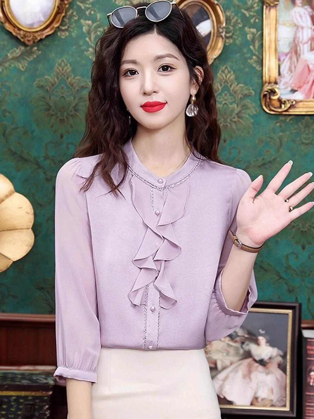 

Женская шифоновая блузка Ele Long Sve, весна-осень 2025, новая модная универсальная блузка во французском стиле с кружевным подолом