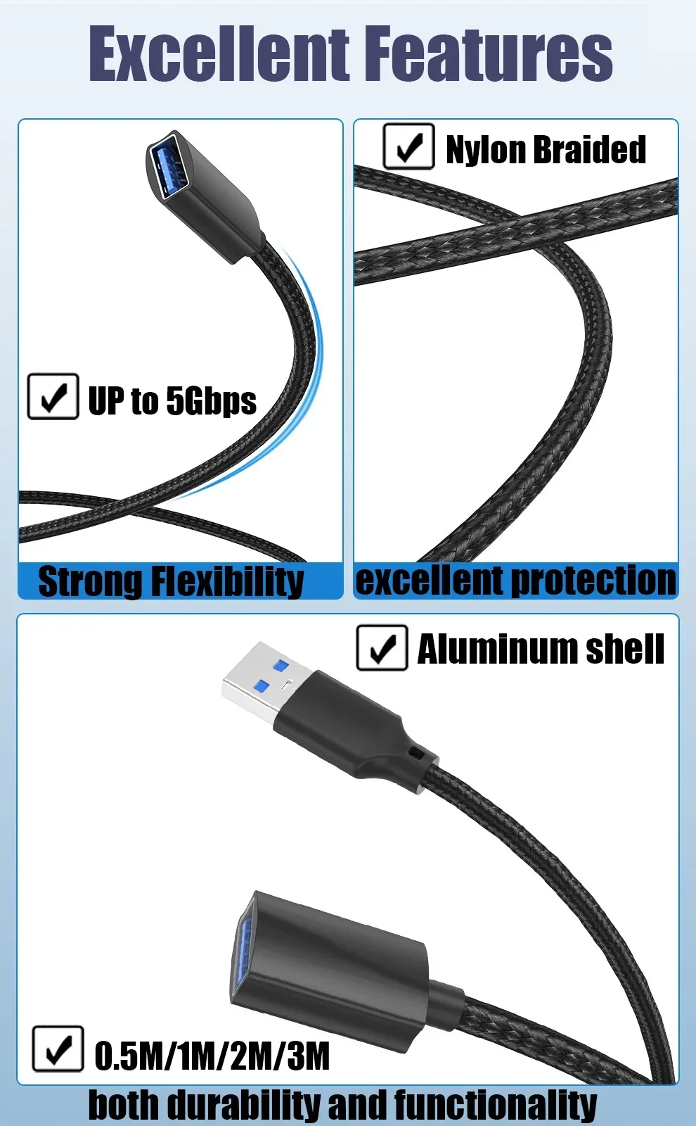 nylon usb extension braided 0.5m 50cm shielded usb 3.0 extension cable 1m 2m 3m 3 meters USB 3.0 male to female extender cord