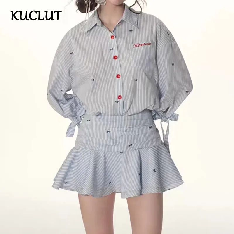 

KUCLUT Fashion Versatile Bow Tie Blue Stripe Pleated Shirt Dresses For Women Single-breasted Long Sleeve Dress Female 1A228