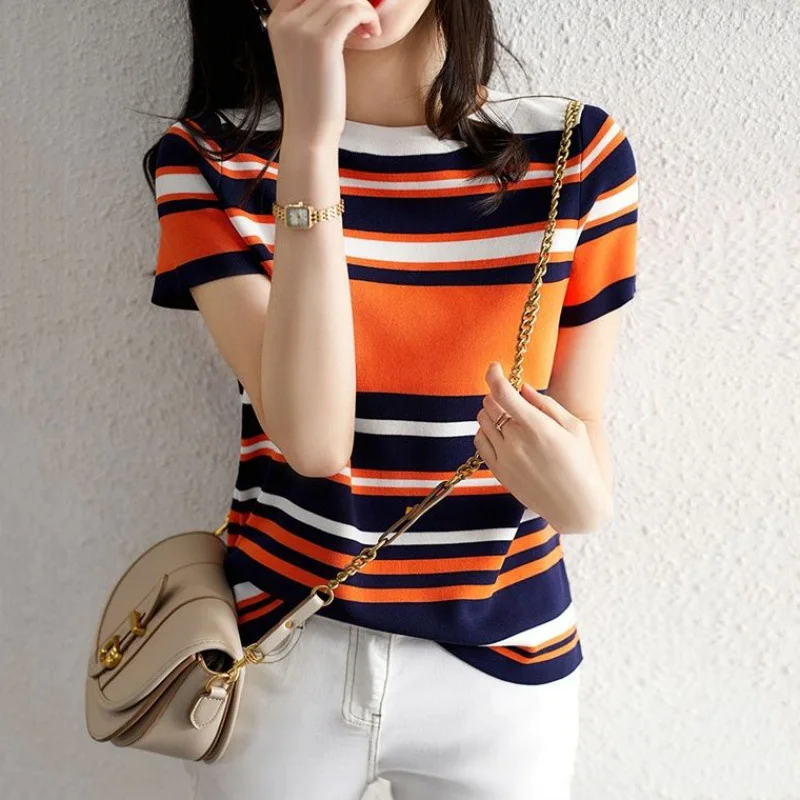 

Women's Clothing Color Block Striped T-shirt Summer Fashion Knit Short Sleeve Thin Style Tee Lady Pullover O-neck Versatile Tops