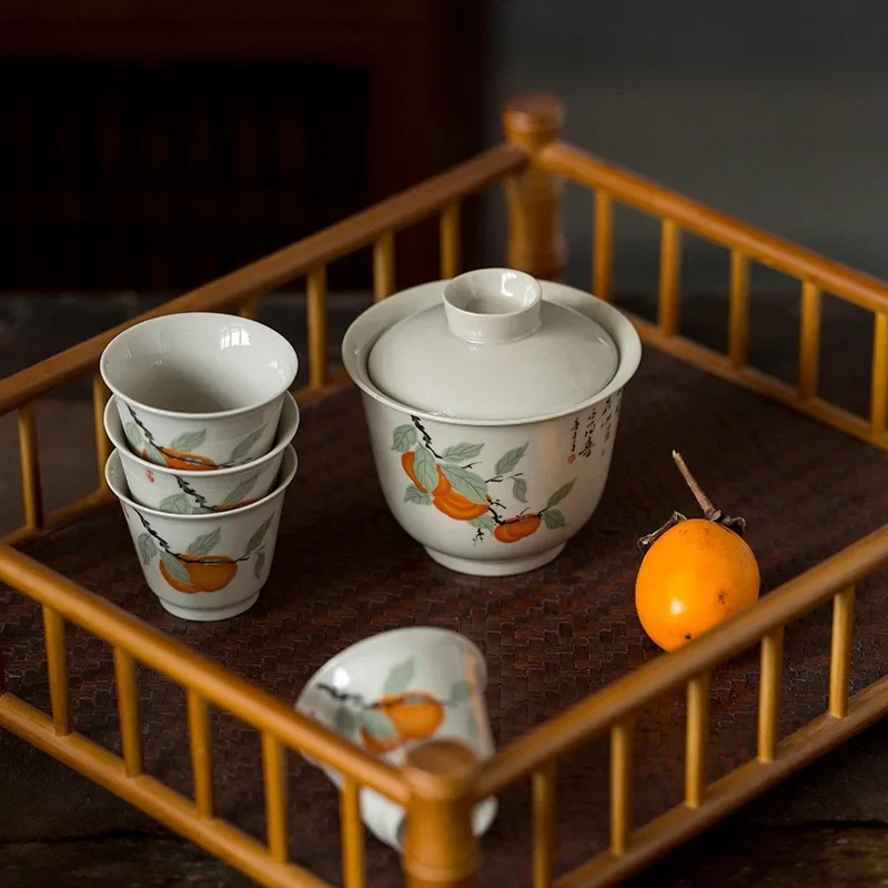 Retro Grass and Wood Ash Ercai Cover Bowl Jingdezhen Household Tea Ceremony Accessories Hand Grab Tea Bowl Not Hot KungFu TeaSet