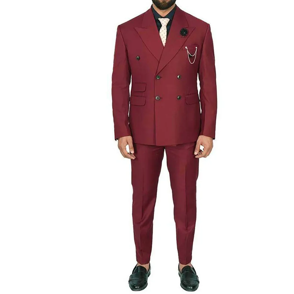 Chic Burgundy Men Suit Double Breasted Peak Lapel Regular Length Outfit Costume Homme Elegant 2 Piece Jacket Pants Set