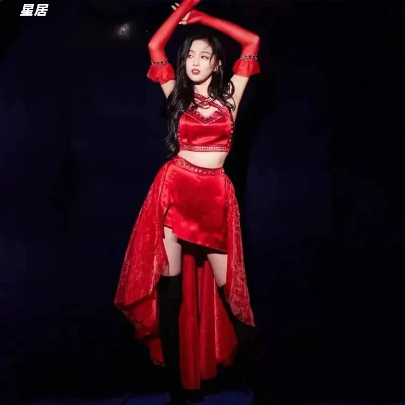 

Kpop Korean Singer Women Jazz Dance Red Clothes Nightclub Sexy Tops Skirt Stage Performance Costume Hip Hop Dance Clothing