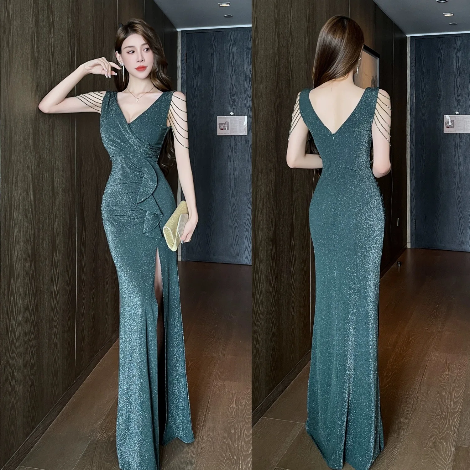 

B48 Evening Dress Women's 2025 New Summer Texture Host Banquet Temperament Fishtail Long Dress