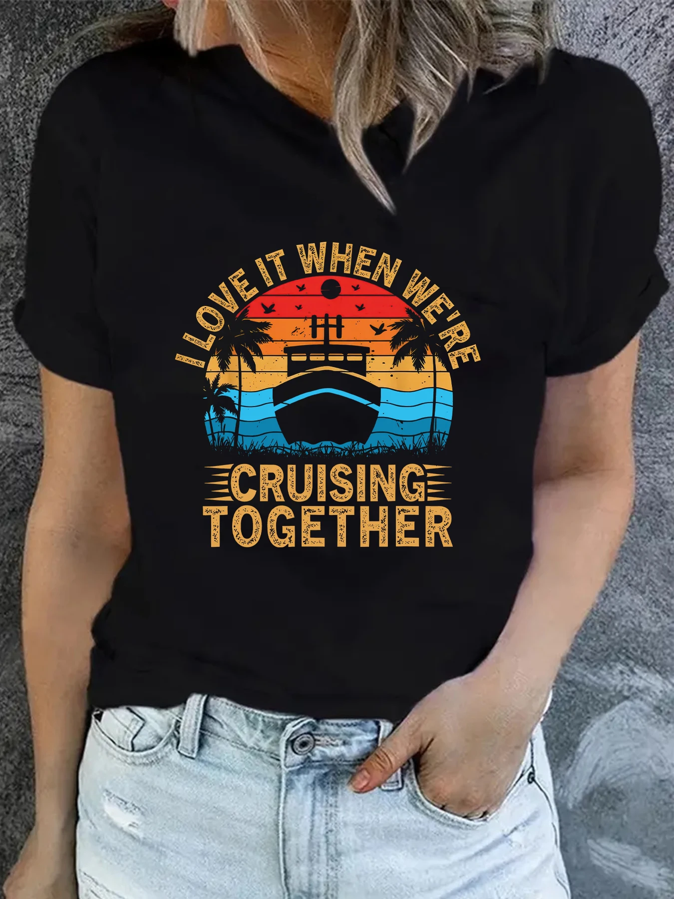 I Like Our Cruise Together Retro Sailboat Printed T-Shirts for Vacation Couples Short Sleeved Women's Summer Tops