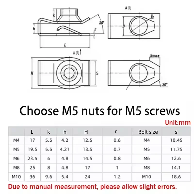 M4 ~ M10 Colour Zinc/black Zinc/galvanised Leaf Spring Nuts With Thread Fix Clip U Type Threaded Clips