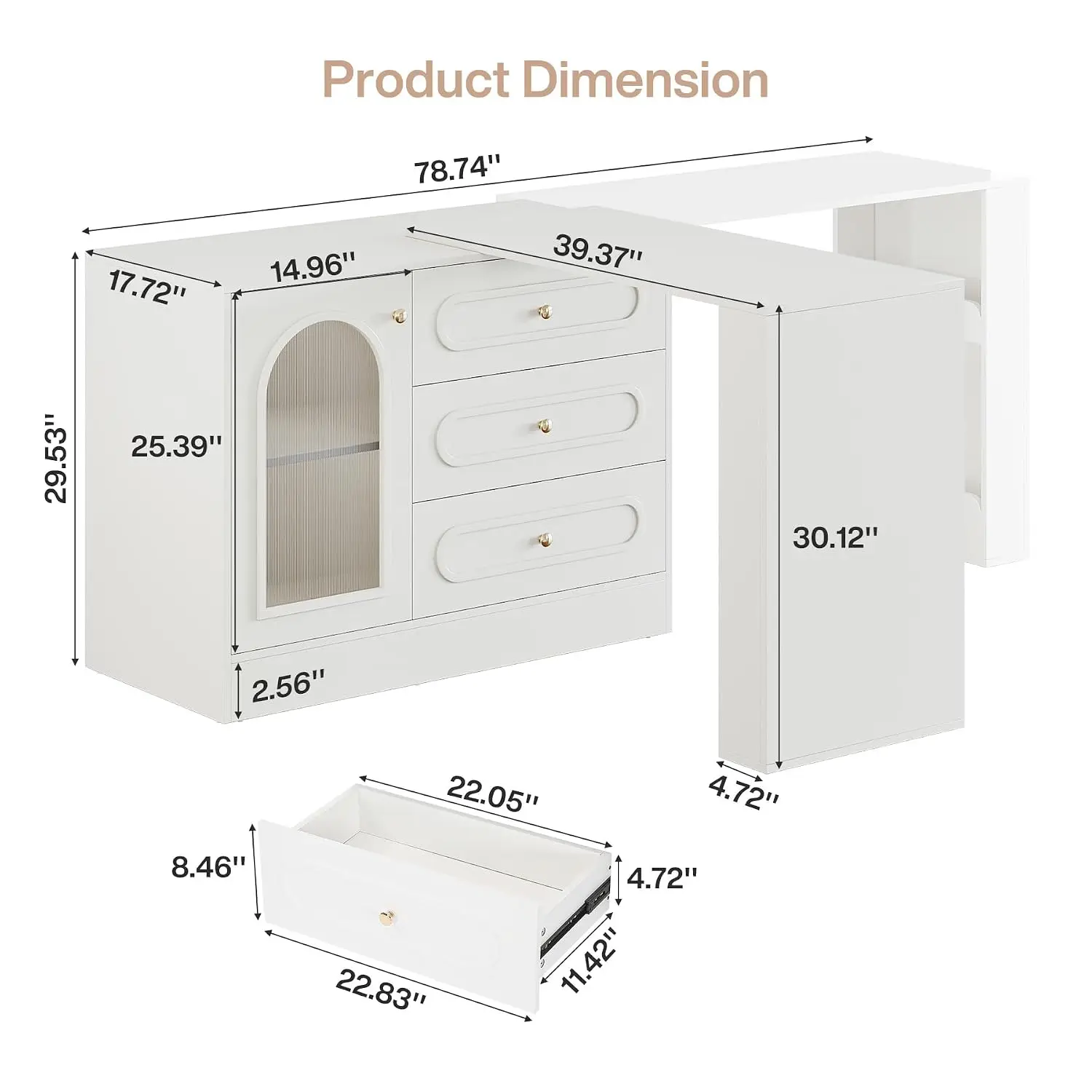 78-Inch Corner Vanity Desk with 3 Drawers & Extendable Table, Reversible Cabinet Makeup Dresser for Bedroom, White, Customized