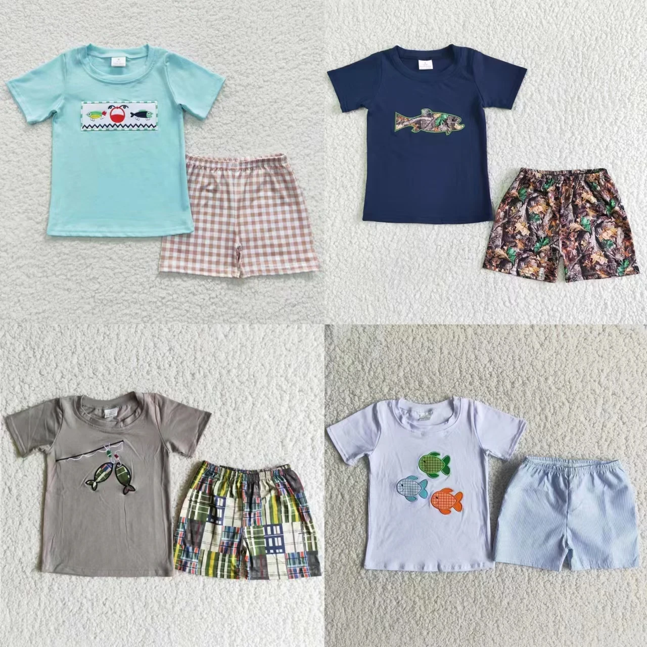 

Wholesale Baby Boy Embroidery Set Children Summer Short Sleeves Fishing Cotton Shirt Tops Tee Toddler Shorts Kid Infant Outfit