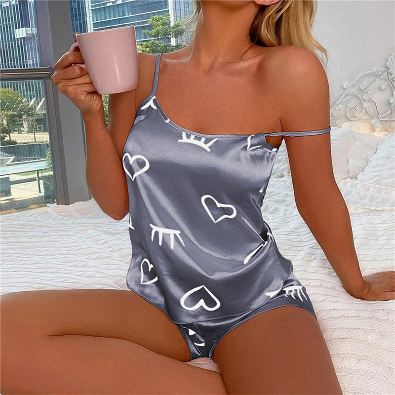 Women's Heart-Printed Two-Piece Pajama Set Gray Sexy Camisole Vest And Shorts Fashionable Sleepwear Comfortable Nightgown