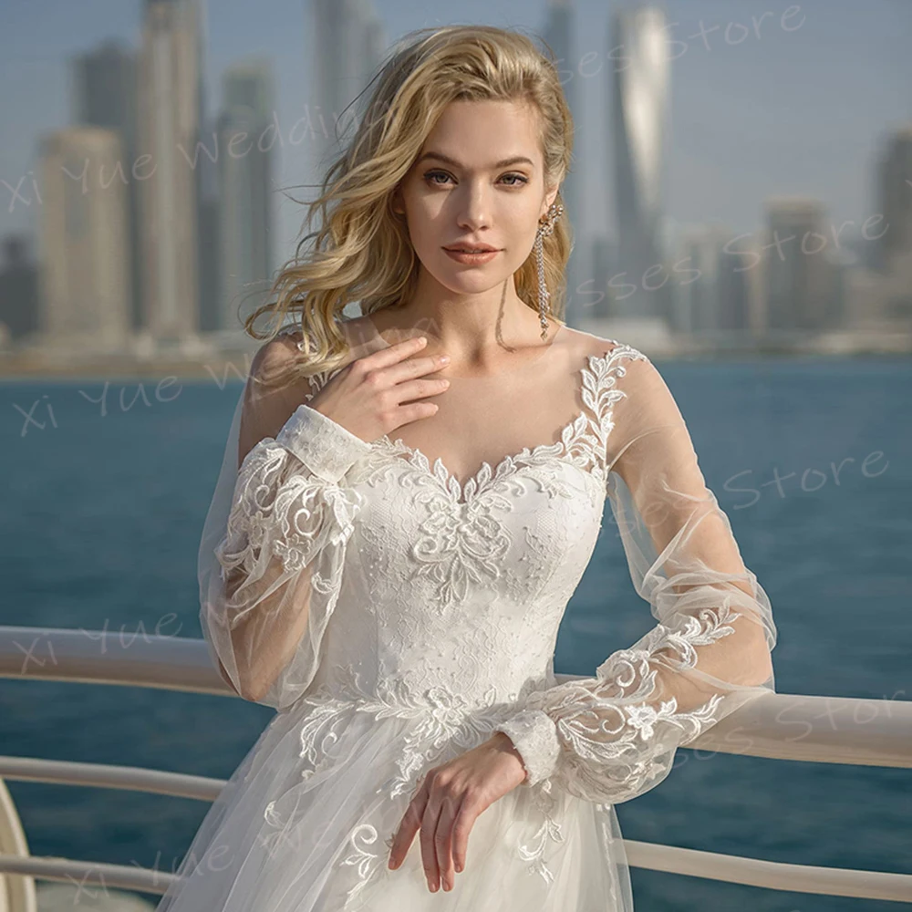 2024 splendida una linea abiti da sposa da donna elegante o-collo Lace Up Appliques abiti da sposa manica lunga Beach Vestido De Noivas