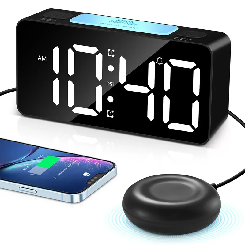 Creative Loud Vibration Alarm Clock Digital Led Mirror Clock With Bed Shaker Adjustable Brightness For Heavy Sleepers Adult Deaf