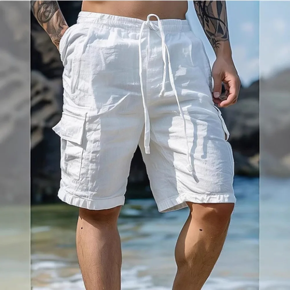 Mens Casual Cotton Linen Shorts Summer Beach Vacation Loose Elastic Waist Straight Leg Solid Color Breathable Clothing