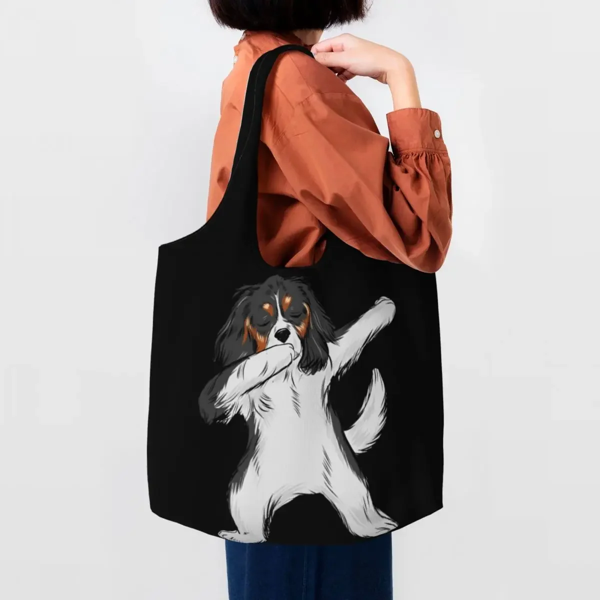 

Custom Dabbing Cavalier King Charles Spaniel Dab Dance Shopping Canvas Bag Women Capacity Groceries Dog Shopper Tote Bags