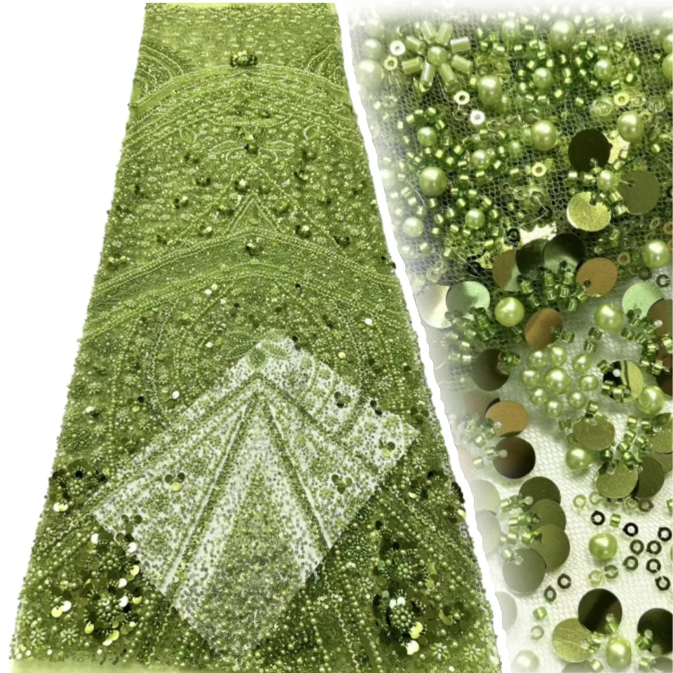 

French Mesh Sequins Lace Fabric with Beads New African Beads Lace Fabric Nigerian Tulle 5 Yards for Women Prom Dresses CC1338