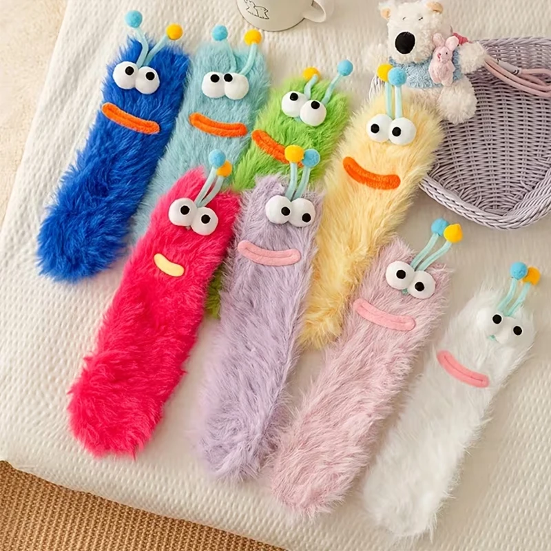 

Women's Autumn Winter Coral Fleece Floor Socks Mid-Calf Socks, Cartoon Funny Eyes & Mouths Socks, Christmas‌ Playful Sock Gifts