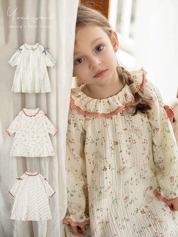 Girl's Fresh Forest Lace A-line Dress Spring Children's Playful Cute Bow Dress Trend