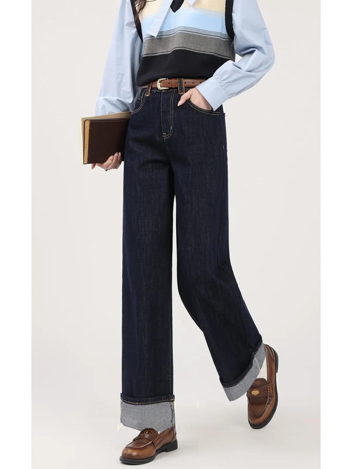 

Джинсы Deep Blue с высокой талией, прямые, свободные, широкие, с отворотами, женские, осенне-зимние, новые, джинсы из денима Sle Zhang Qingui