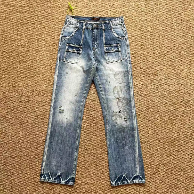 

Undercover Multi Personality Face Portrait Print Jeans Men Women Unisex Washed Distressed Hole Damaged Burr Micro Flared Pants