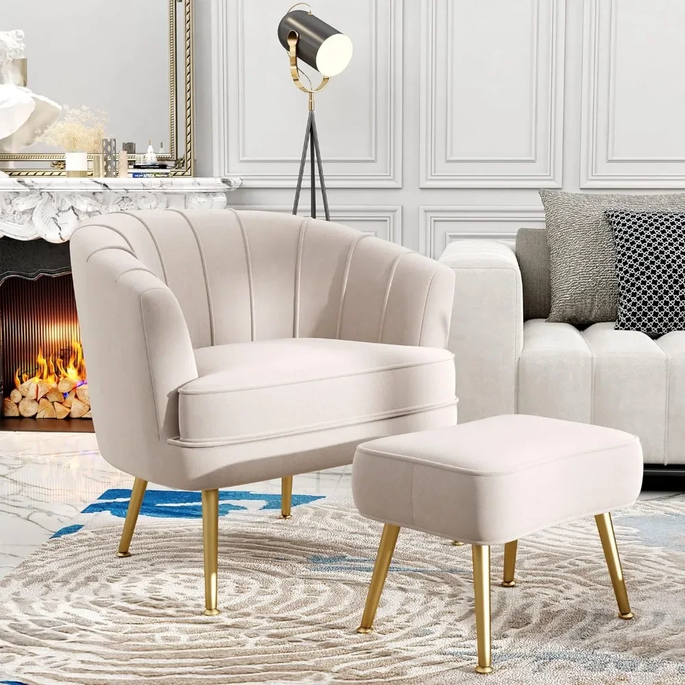 

Velvet Accent Chair with Ottoman, Upholstered Modern Single Sofa Side Chair,Comfy Barrel Club Living Room Armchair with Golden