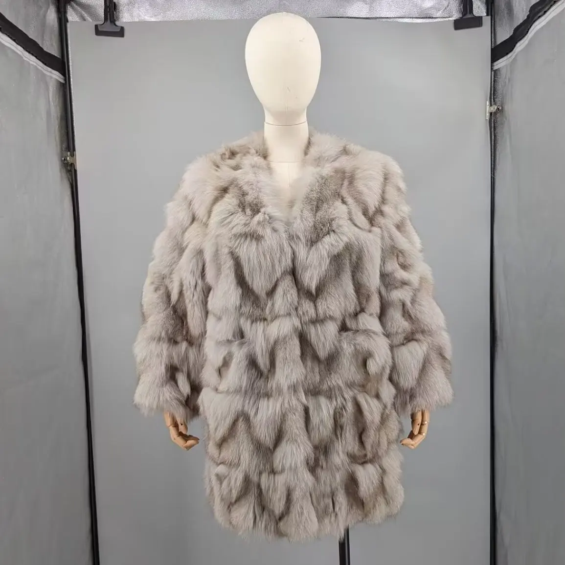 Women Natural Grey Real Patchwork Fox Fur Mid Long Coat Deep V Neck Open Front Luxury Winter Fluffy Spliced Fur Outerwear24A1164