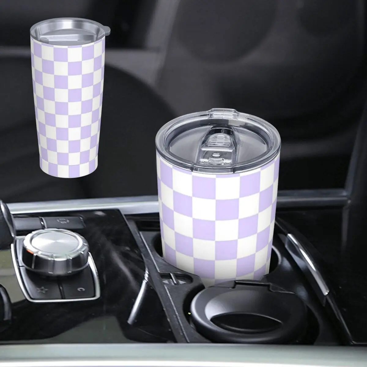 White And Pale Lavender Violet Checkerboard Stainless Steel Tumbler Vacuum Insulated Mugs Thermal Cold Bottle Straws With Lid