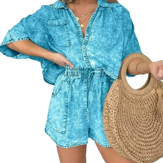 Fashion Vintage Denim Blue Shorts Suit For Women Summer New Simple Fashion Pocket String Casual Loose Tops 2 Piece Set Female