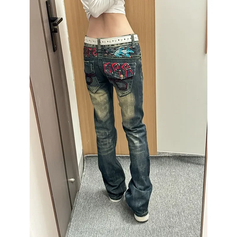 Vintage Embroidered Jeans for Kids American Heavy Industry Style Low Waist Straight Leg Denim Pants Large Size Floor Length