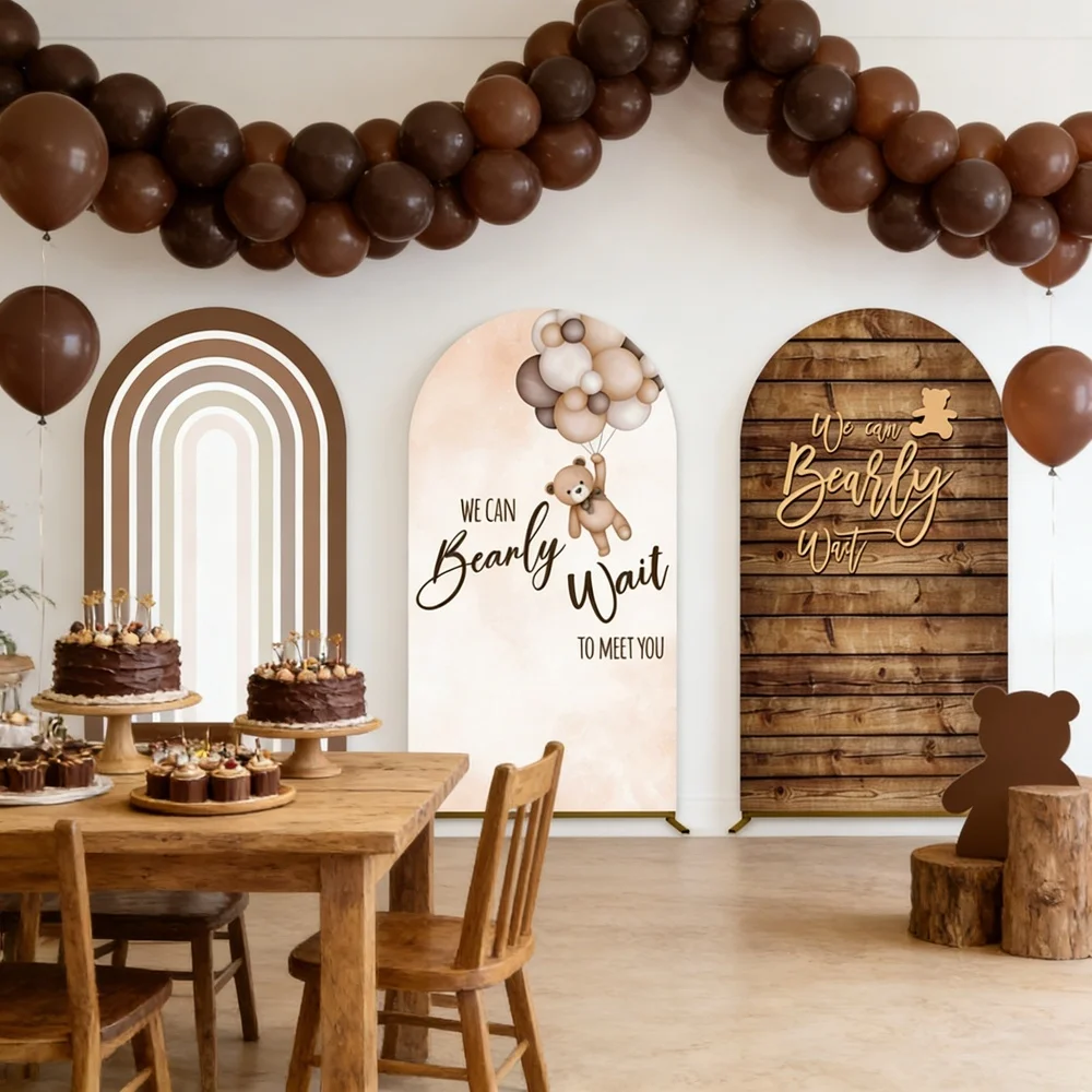 

Накидка на арку для декора на день рождения новорожденного, фон с мультяшным коричневым мишкой, «Мы почти не можем ждать», фон для арки на детский праздник