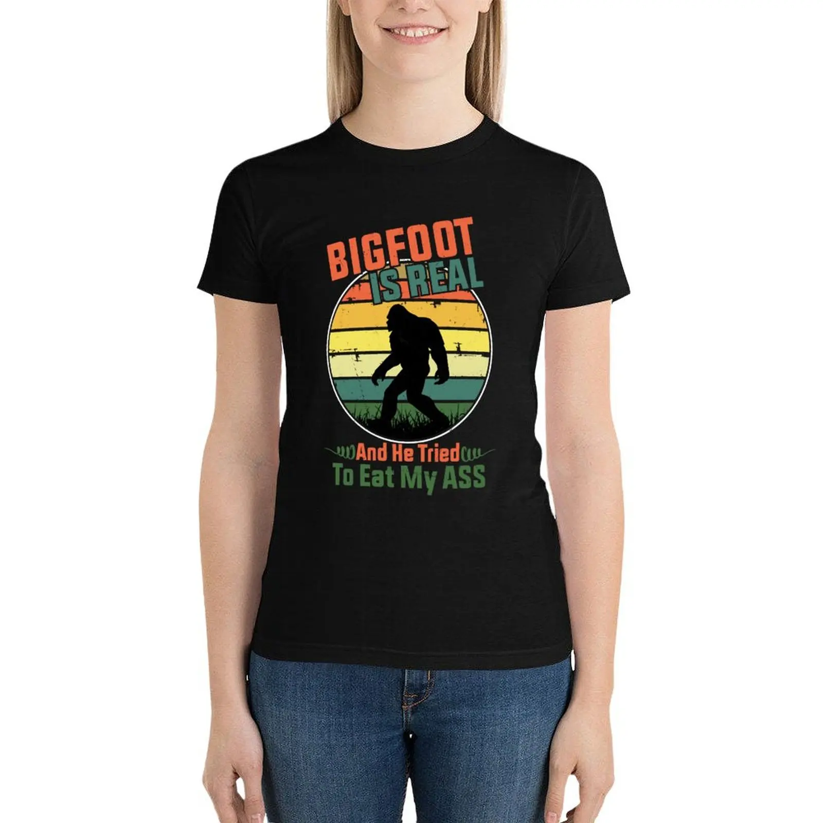 Bigfoot Is Real And He Tried To Eat My Ass, Funny retro vintage Bigfoot T-Shirt plus size tops lady clothes tshirts woman