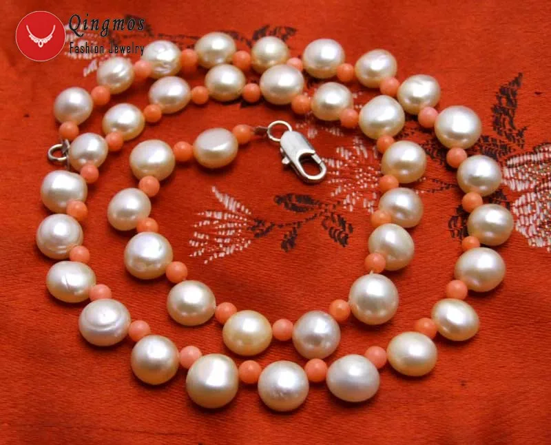 Qingmos Natural FW Pink Pearl Necklace with 7-8mm Flat Round Side Drilled & 3-4mm Pink Coral Necklace 17'' Chokers Jewelry