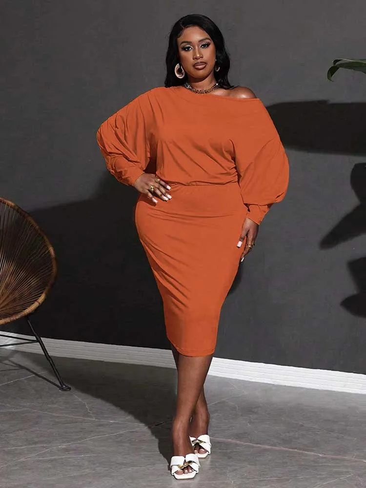 Autumn and Winter Dresses Plus Size for Womens Clothing Solid Orange Going Out Dress Curvy Female Dress Wholesale Dropshipping