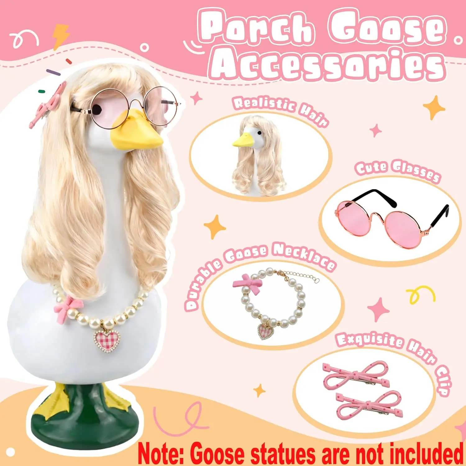Cute Sweet Goose Statue Accessory Kit, Blonde Wig with Heart Pearl Necklace And Sunglasses And Hair Clips, for 23' Lawn Goose, Yard Art Decoration view 5