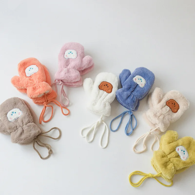 Cute Bear Baby Gloves Winter Warm Thicken Plush Mittens for Toddler Kids Boy Girl Cartoon Neck Hanging Full Finger Gloves