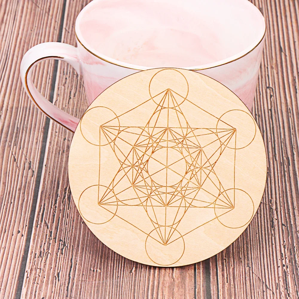 10PCS Round Edge Circle Engraved Coasters Natural Chakra Flower of Life Symbol Wood Stone Crystal Set Table Mat Kitchen Supplies