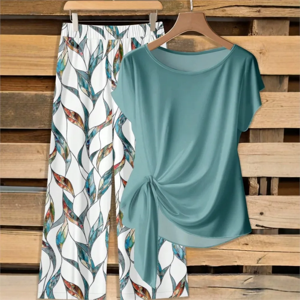 New Printed O Neck Short-sleeved T-shirt Trousers Women's 2-piece Set Fashion Knotted Top Wide-leg Trousers Casual Daily Suit - view 4