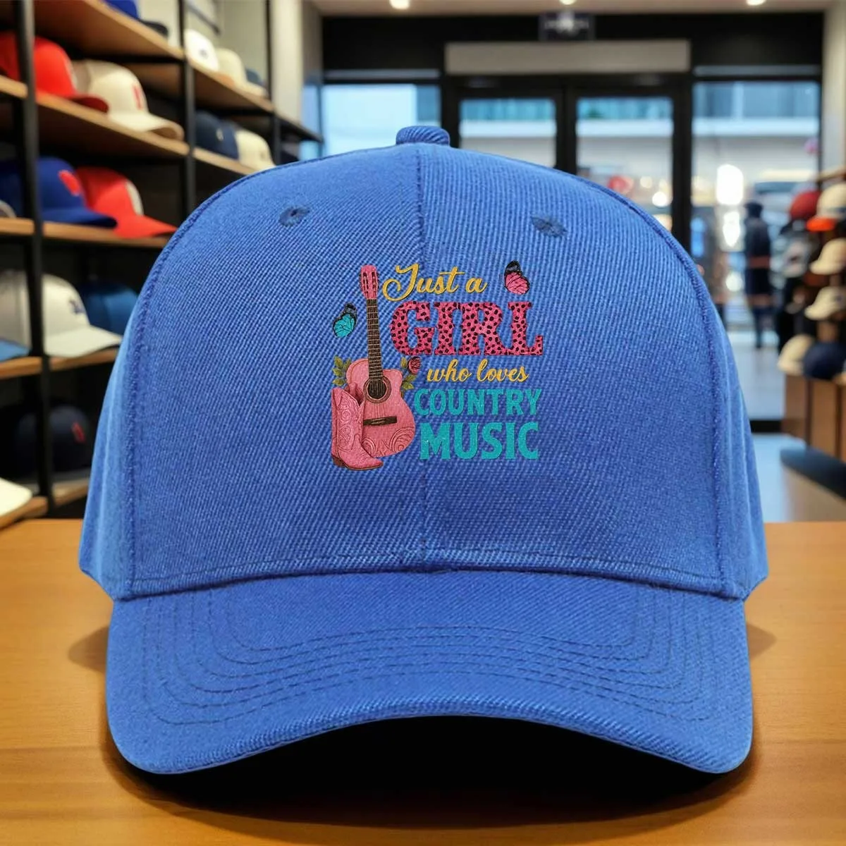 Just a Girl Who Loves Country Music Baseball Cap, Pink Leopard Guitar Cowboy Boots Butterfly Design Hat