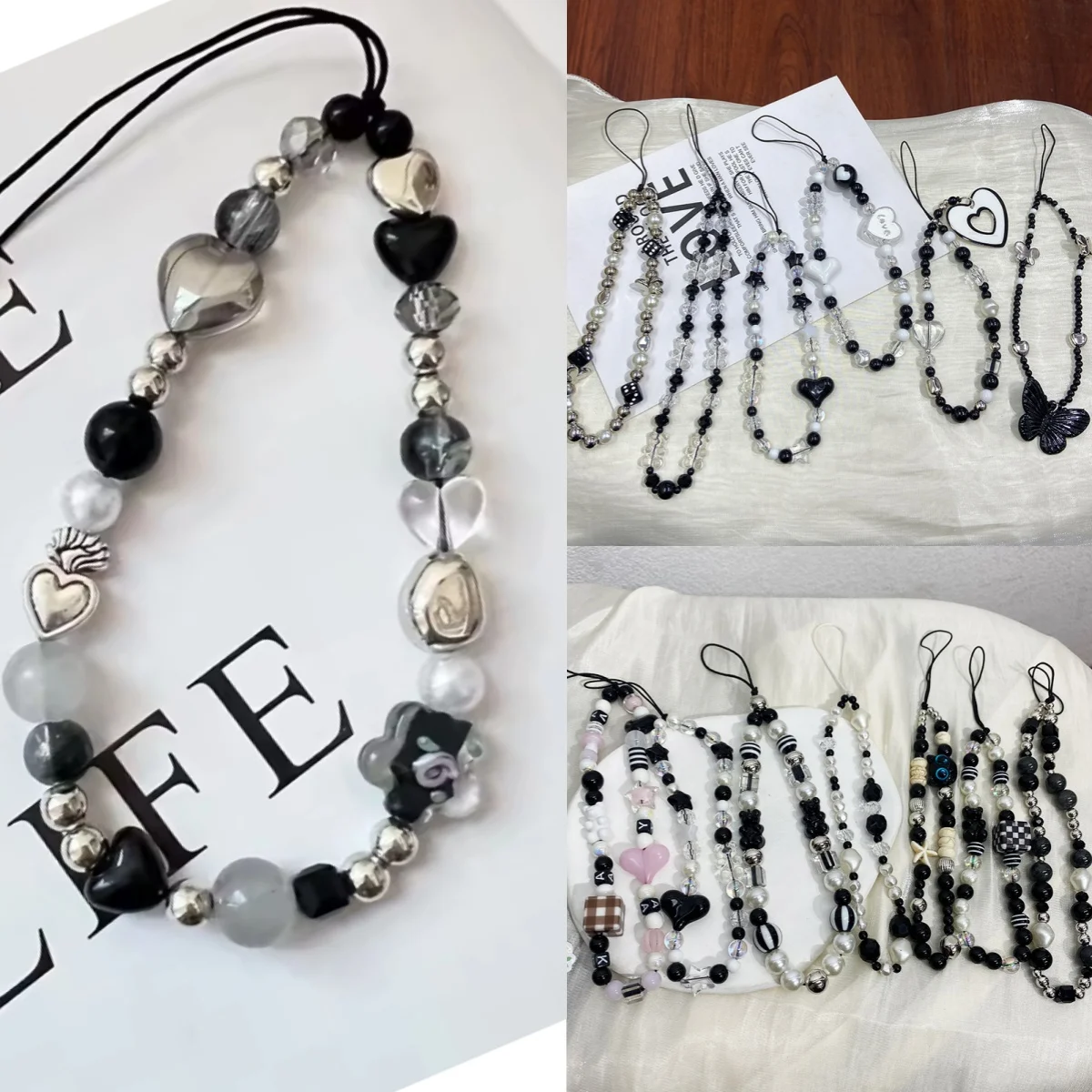 Y2k-cadena para teléfono con cuentas de perlas y corazón negro, cordón colgante, dijes para teléfono, correa para teléfono, cordón móvil hecho a mano para verano, regalo de joyería