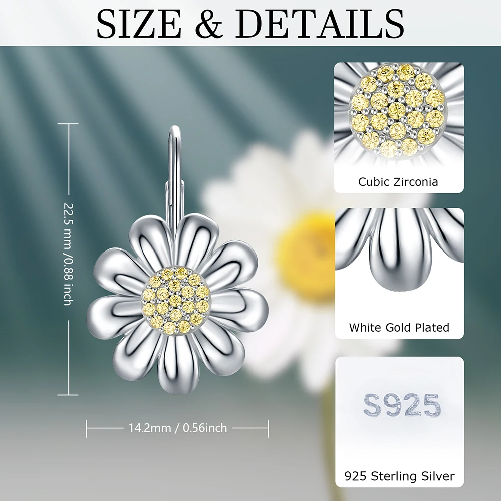 925 Sterling Silver Sunflower Daisy With Zircon Stud Earrings Jewelry Birthday Christmas Gifts For Women Girls Friends Family