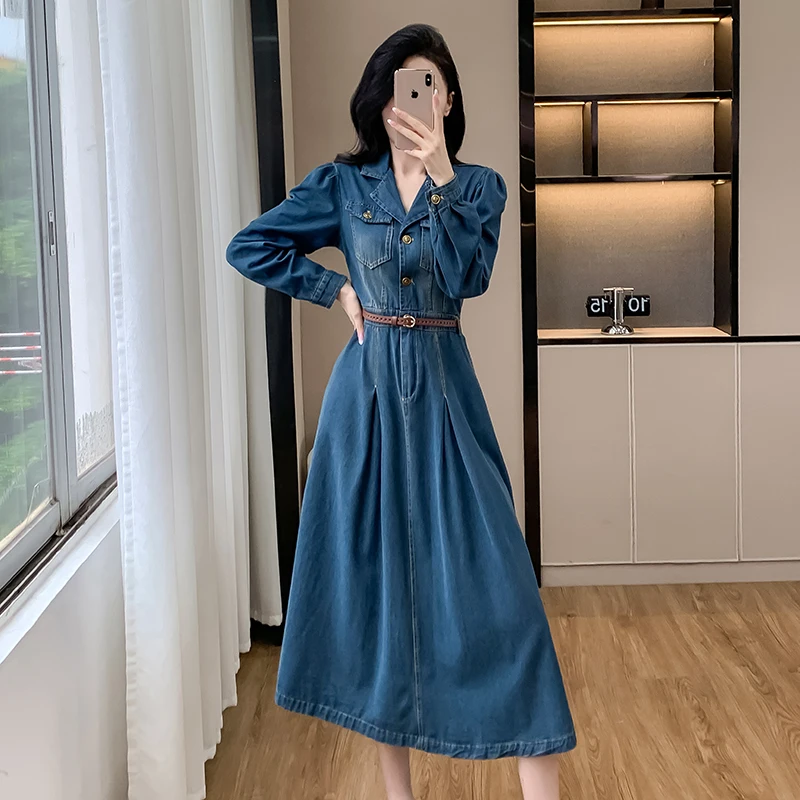 Retro Collar Denim Dress, Women\'s Spring And Autumn Blue High-End Feeling, Waist Cinching Chic Long Skirt