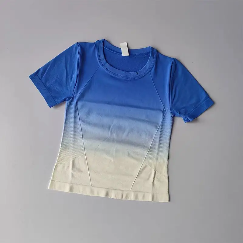 Camiseta de Yoga sin costuras para mujer, Top corto de manga corta, camisetas deportivas con gradiente para Fitness, ropa de entrenamiento y gimnasio para correr