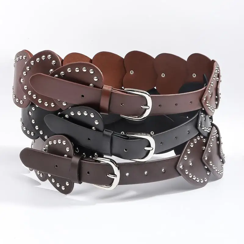 Wide Waist Strap Love Rivet Needle Buckle Belt Heart-shaped Studded Waist Belt PU Leather Splicing Women Dress Jeans Waistband