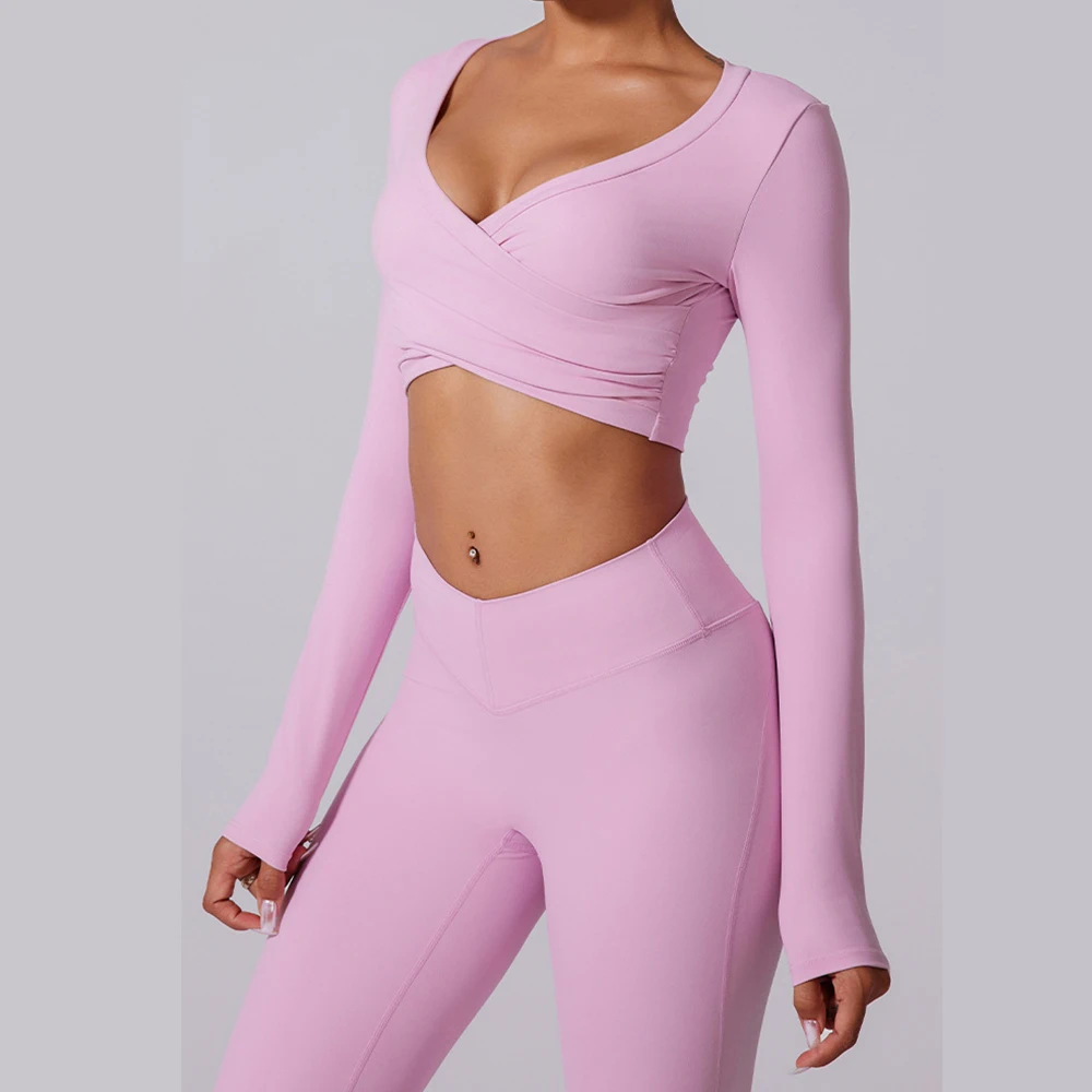 

Women Yoga Shirts Crop Top Long Sleeves for Women Yoga Sports T-Shirt Elastic Fitness Gym Clothes Workout Tops With Chest Pad