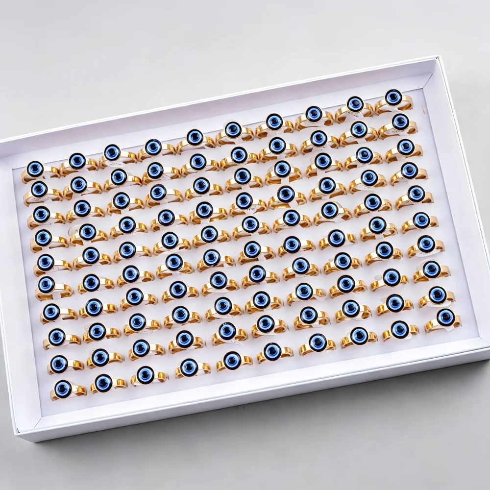 12/24/36Pcs Fashion Stainless Steel Evil Eye Rings For Women Lucky Blue Eye Mixed Charm Boho Jewelry Daily Friend Gifts