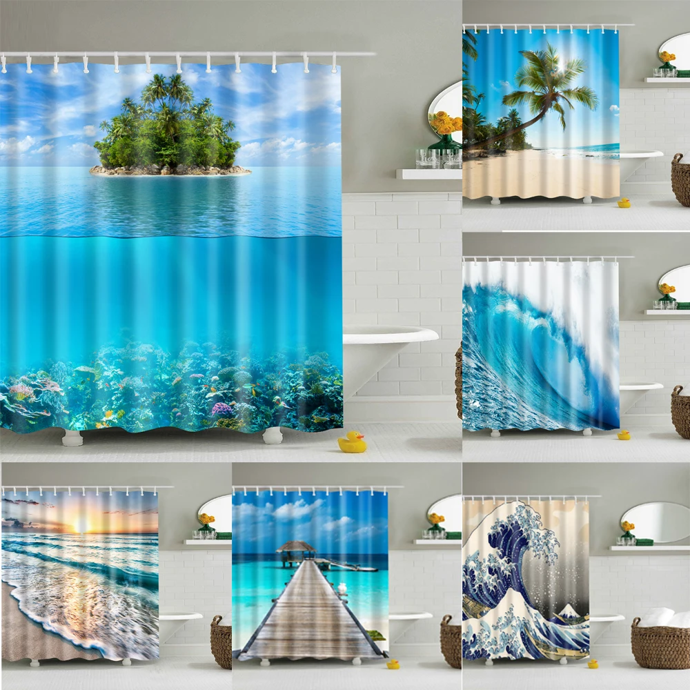 Seaside Sea Beach Sea Wave Coconut Tree Shower Curtains Bathroom Curtain Frabic Waterproof Polyester Bath Curtain with Hooks