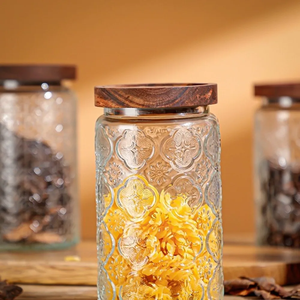 1000ML Storage Bottles Jars Embossed Pattern with Wooden Lid Food Storage Containers Glass Begonia Airtight Canister Grains