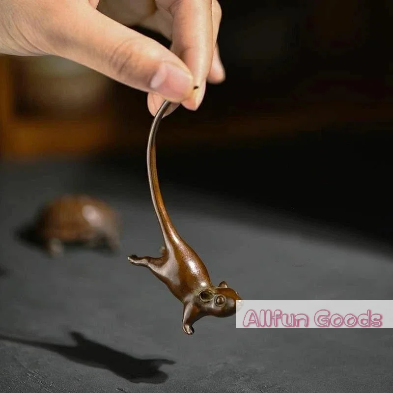 [TG835]Long Tail Mouse Miniature Figurine Chinese Style Tea Pet Vintage Pure Copper Rat Ornament Home Decoration Accessories
