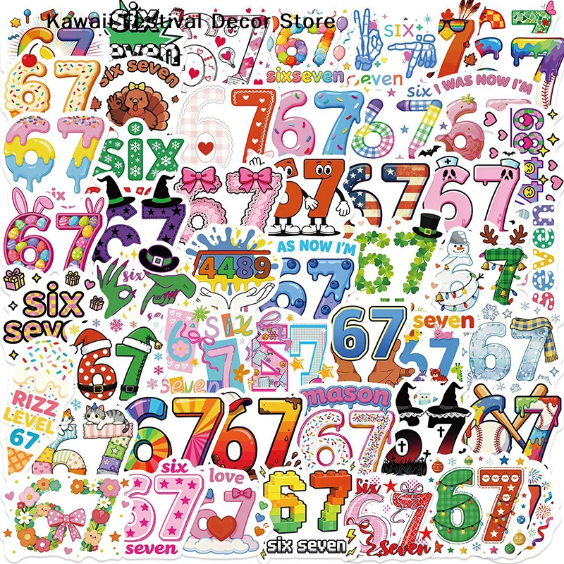【K】50Pcs Six Seven Stickers, Funny 6 7 Stickers Waterproof Vinyl Gifts For Phone, Water Bottle, Luggage, Laptop, Adults Teens