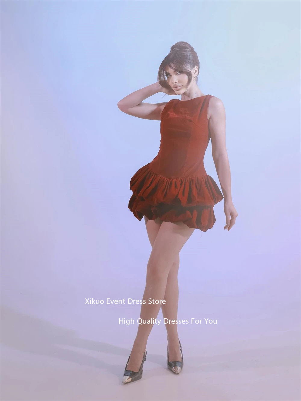 Xikuo elegante sem mangas vestido de baile acima do joelho sob medida ocasião vestidos de noite veludo decote redondo vestidos de noite personalizados